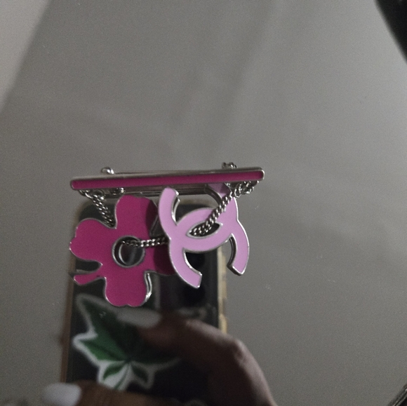 CHANEL Pink and Silver Floral Brooch - Picture 1 of 5